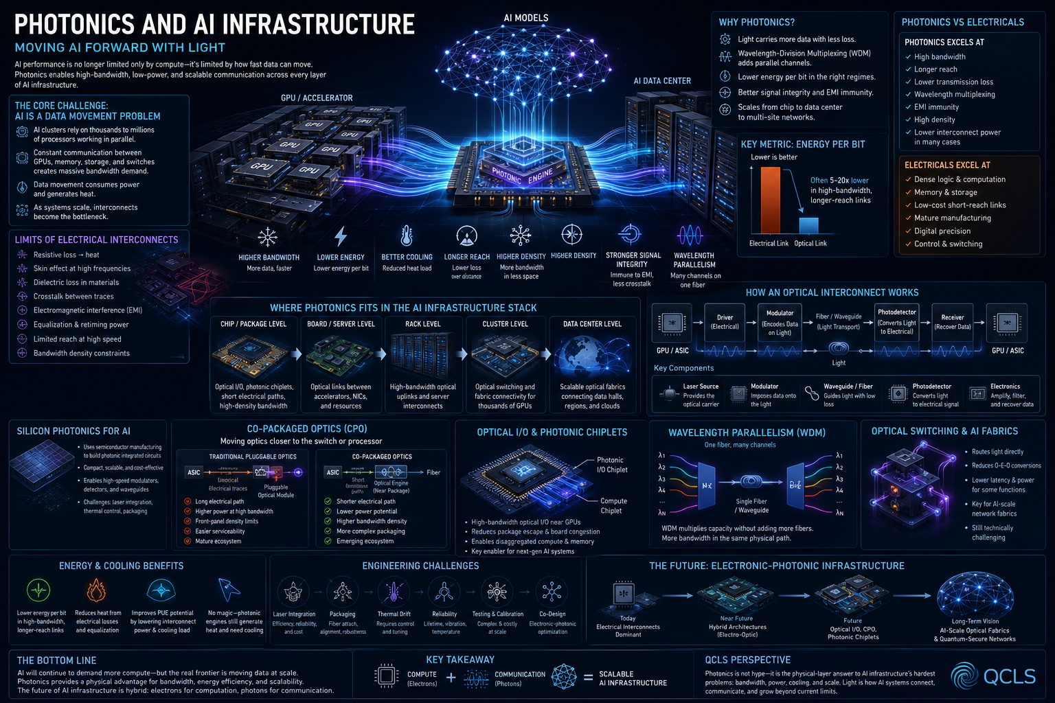 Photonics and AI Infrastructure technical infographic showing optical interconnects, data centers, silicon photonics, co-packaged optics, energy efficiency, and AI data movement
