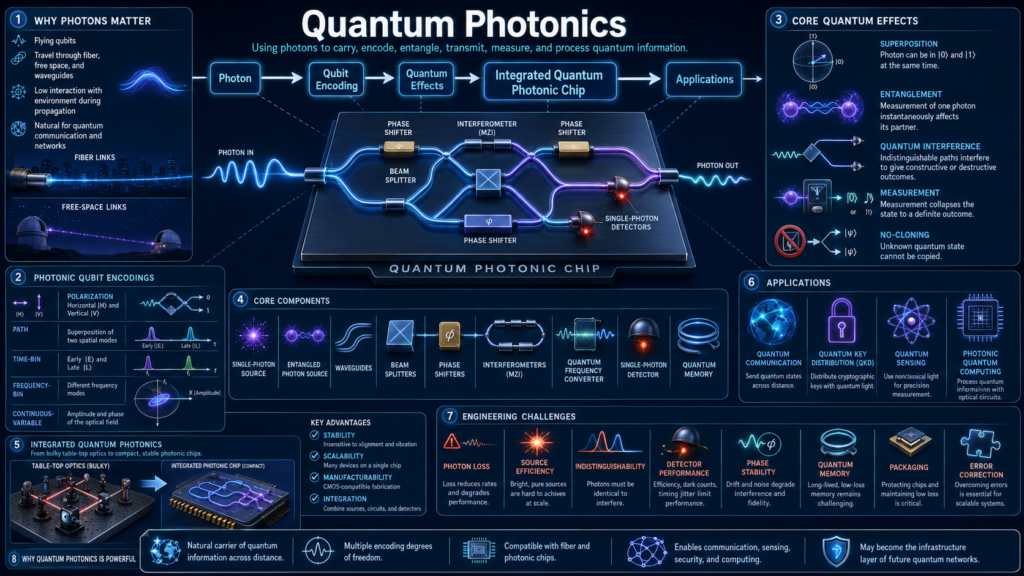 Quantum Photonics technical infographic showing photons, qubits, entanglement, integrated quantum photonic chips, quantum communication, sensing, security, and photonic quantum computing