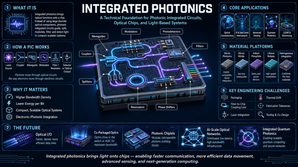 Integrated photonics technical infographic showing photonic integrated circuits, waveguides, optical chips, and light-based systems