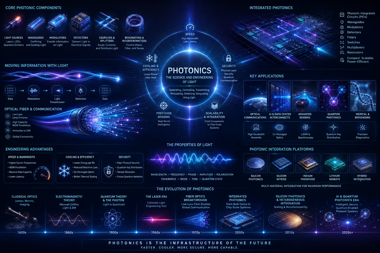 What is photonics technical infographic explaining light-based information, optical components, applications, benefits, and history
