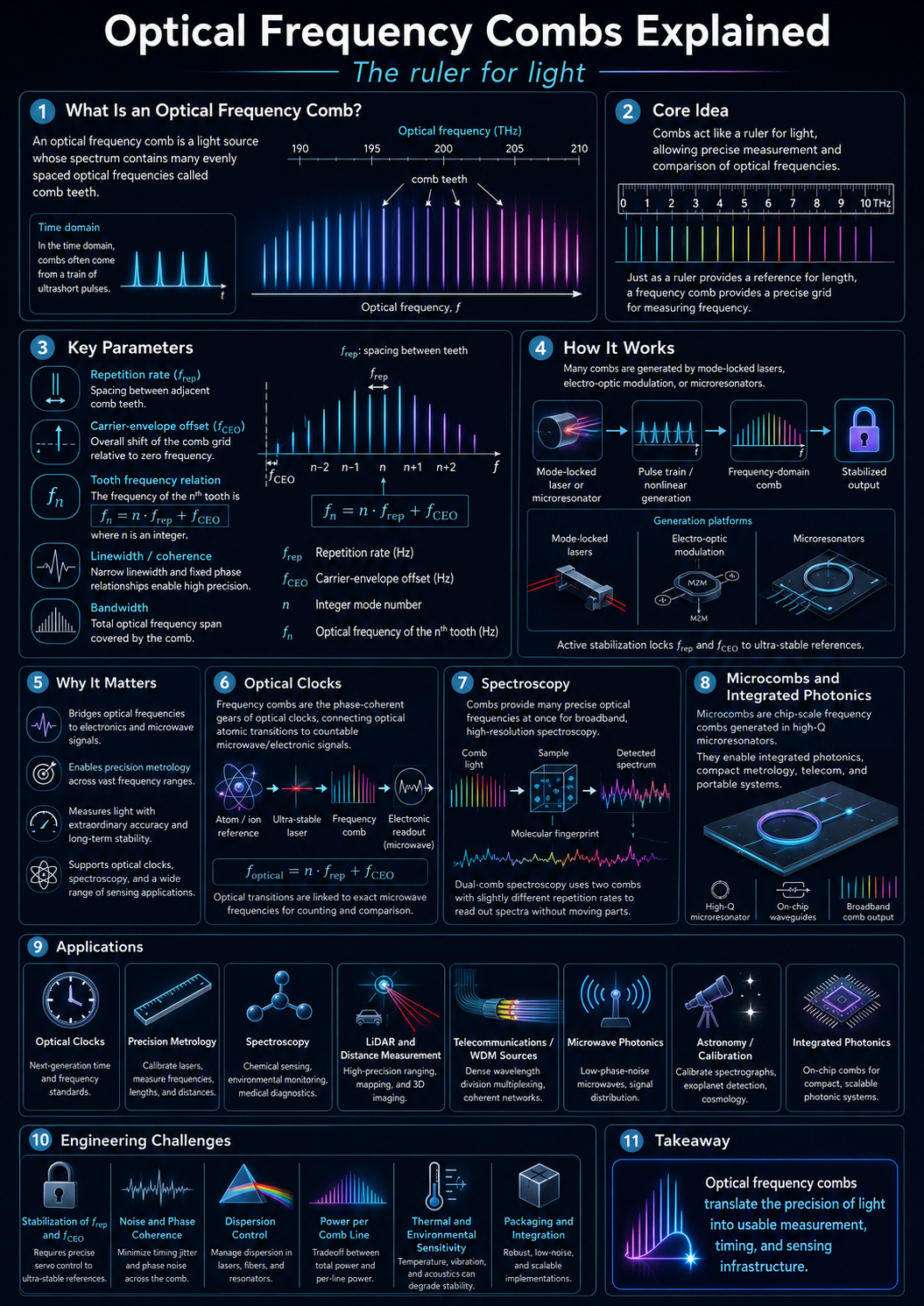Optical Frequency Combs infographic explaining comb teeth, repetition rate, carrier-envelope offset, mode-locked lasers, microcombs, spectroscopy, optical clocks, applications, and engineering challenges