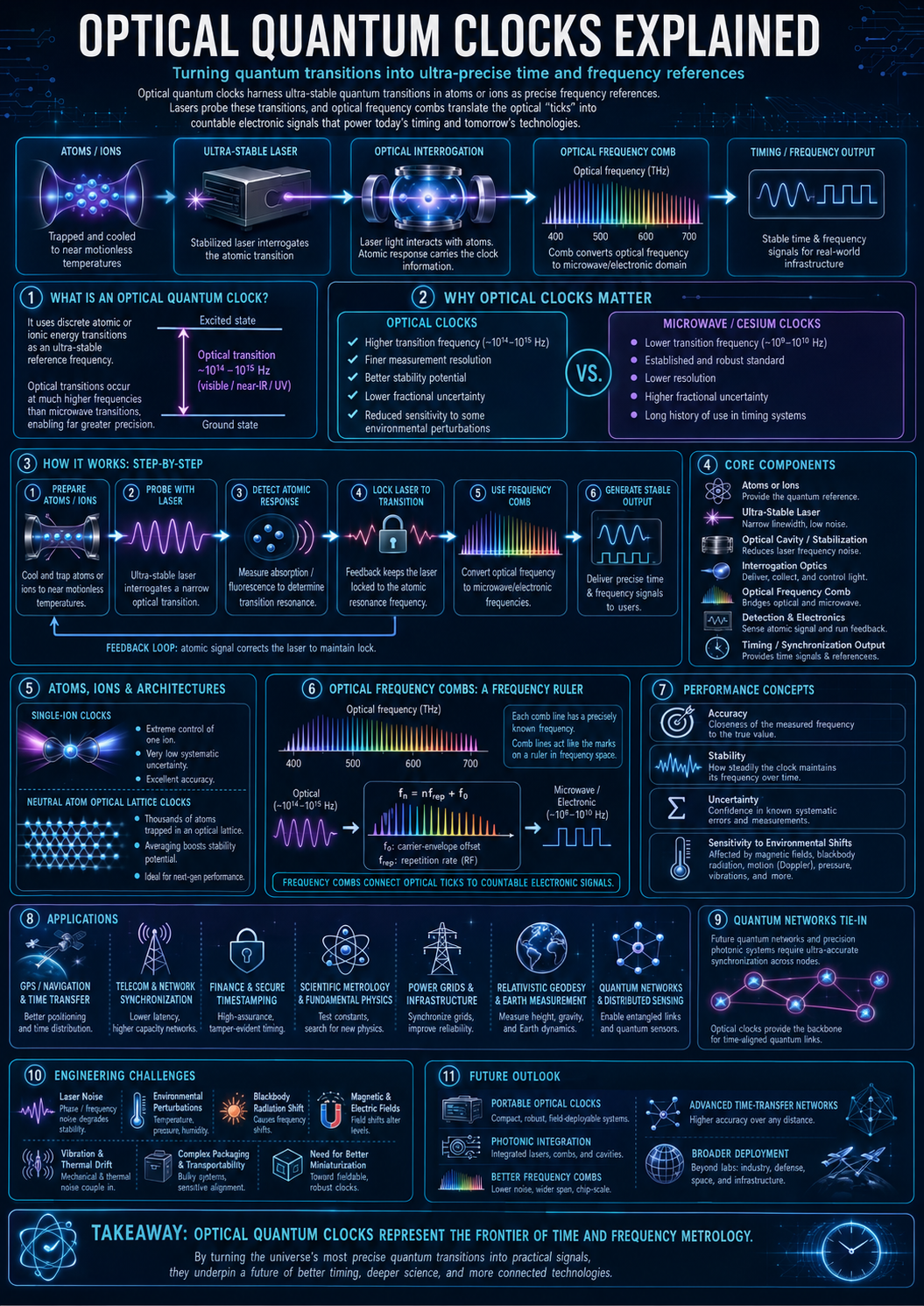 Optical Quantum Clocks infographic explaining atoms and ions, ultra-stable lasers, optical interrogation, optical frequency combs, timing output, applications, and engineering challenges