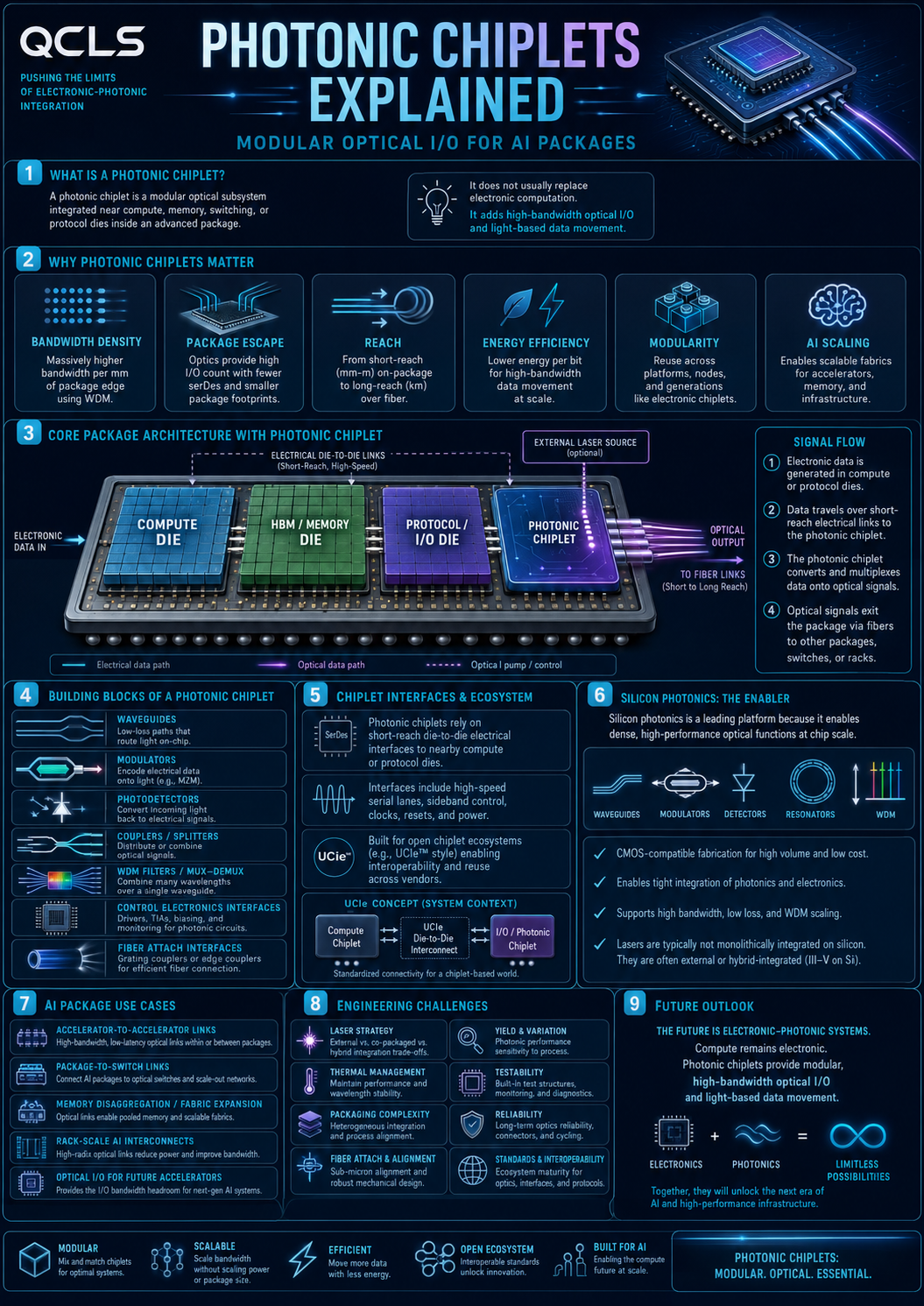 Photonic Chiplets infographic explaining modular optical I O for AI packages, package architecture, signal flow, silicon photonics, chiplet interfaces, engineering challenges, and future electronic photonic systems