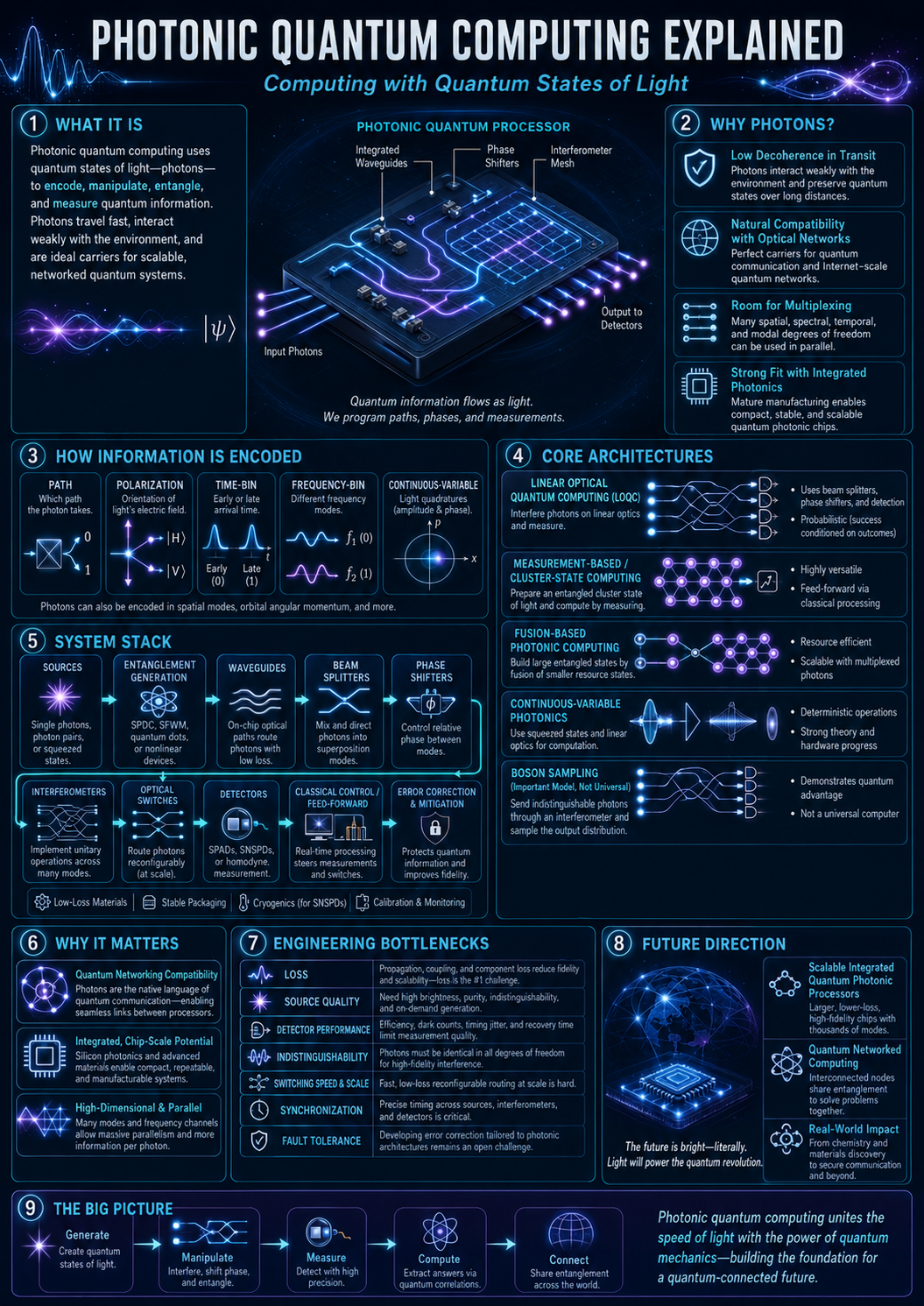 Photonic Quantum Computing infographic explaining photonic qubits, encodings, linear optical computing, measurement-based computing, fusion architectures, continuous-variable approaches, boson sampling, and engineering bottlenecks