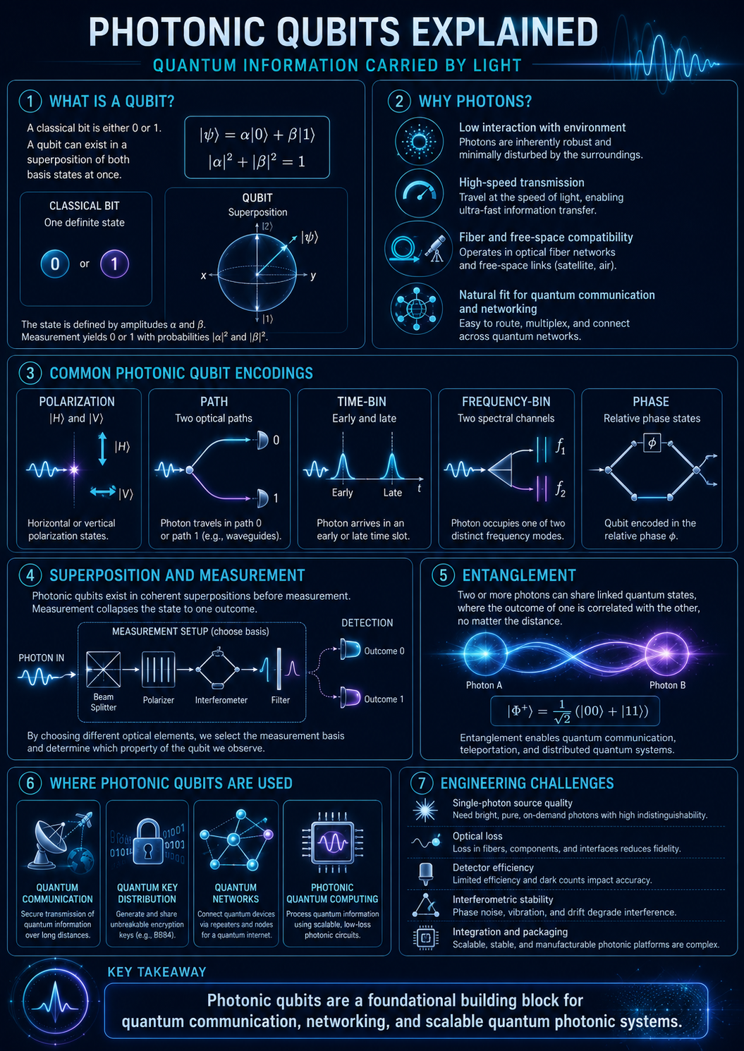 Photonic Qubits infographic explaining photon-based quantum information, encodings, superposition, measurement, entanglement, applications, and engineering challenges