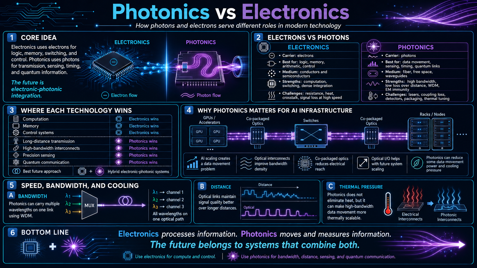 Photonics vs Electronics infographic explaining electrons, photons, bandwidth, AI infrastructure, cooling, and electronic-photonic integration