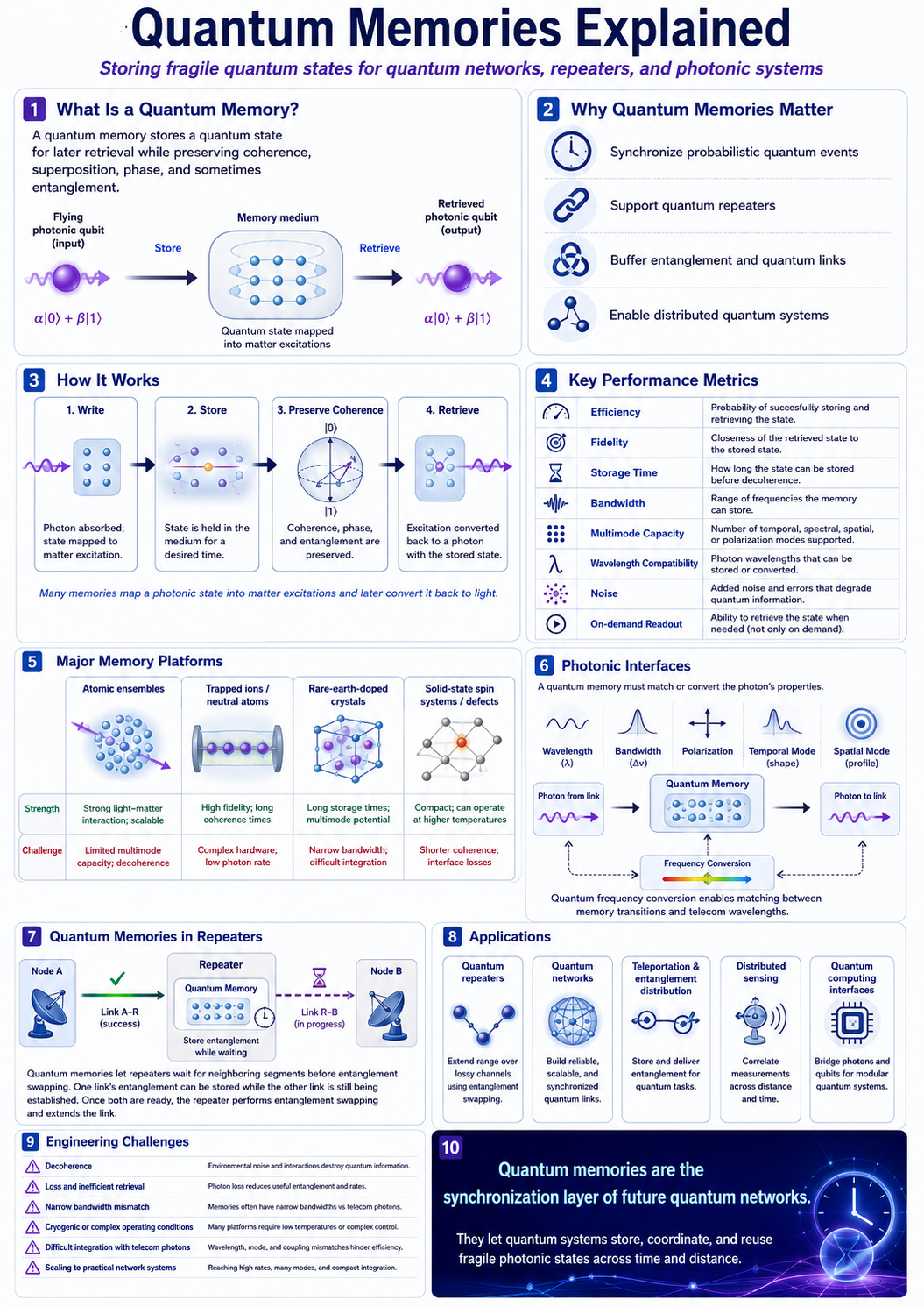 Quantum Memories infographic explaining what quantum memories are, why they matter, how they work, performance metrics, memory platforms, photonic interfaces, repeater use, applications, and engineering challenges