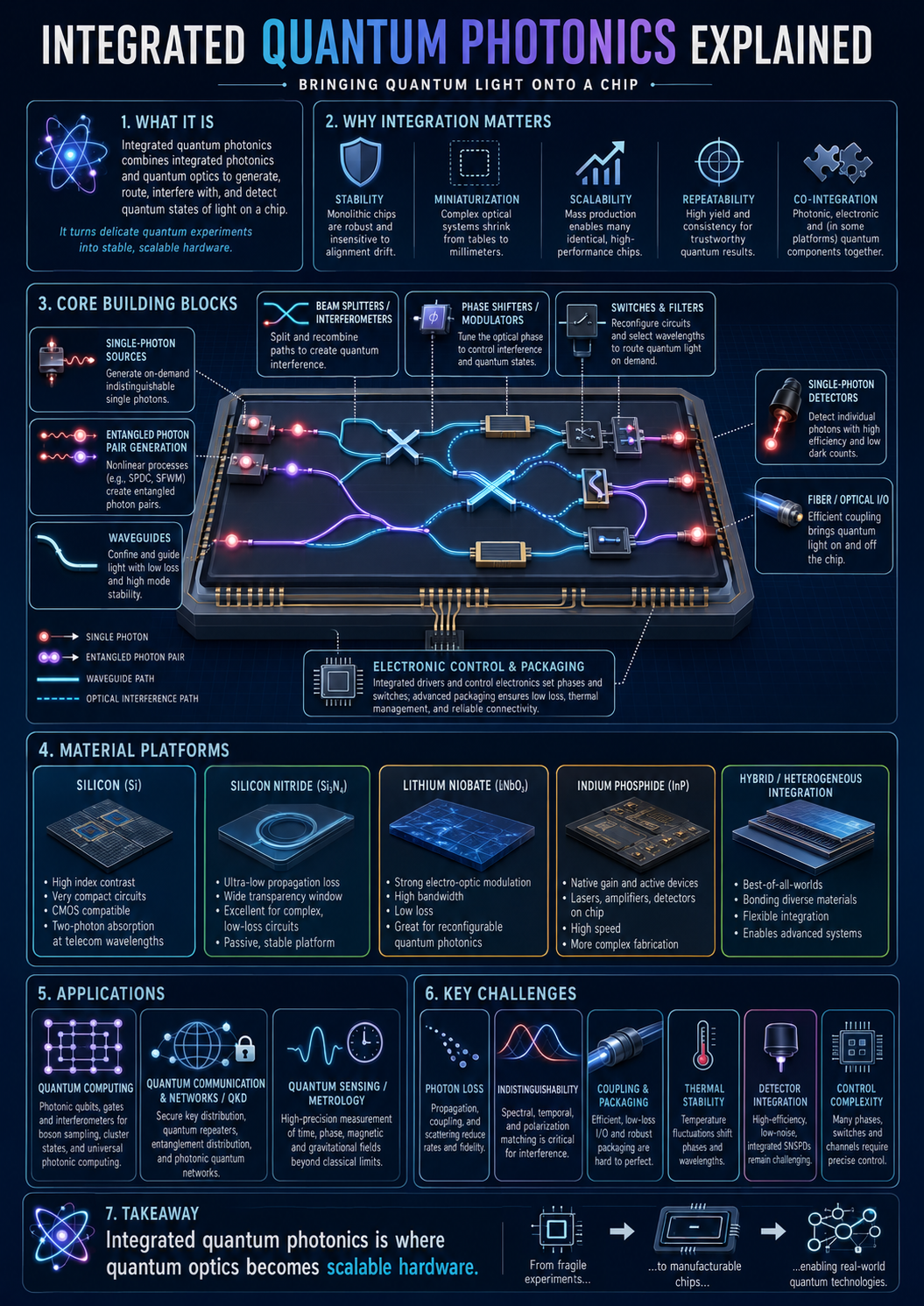 Integrated Quantum Photonics infographic explaining quantum photonic chips, sources, waveguides, interferometers, detectors, materials, applications, and engineering challenges