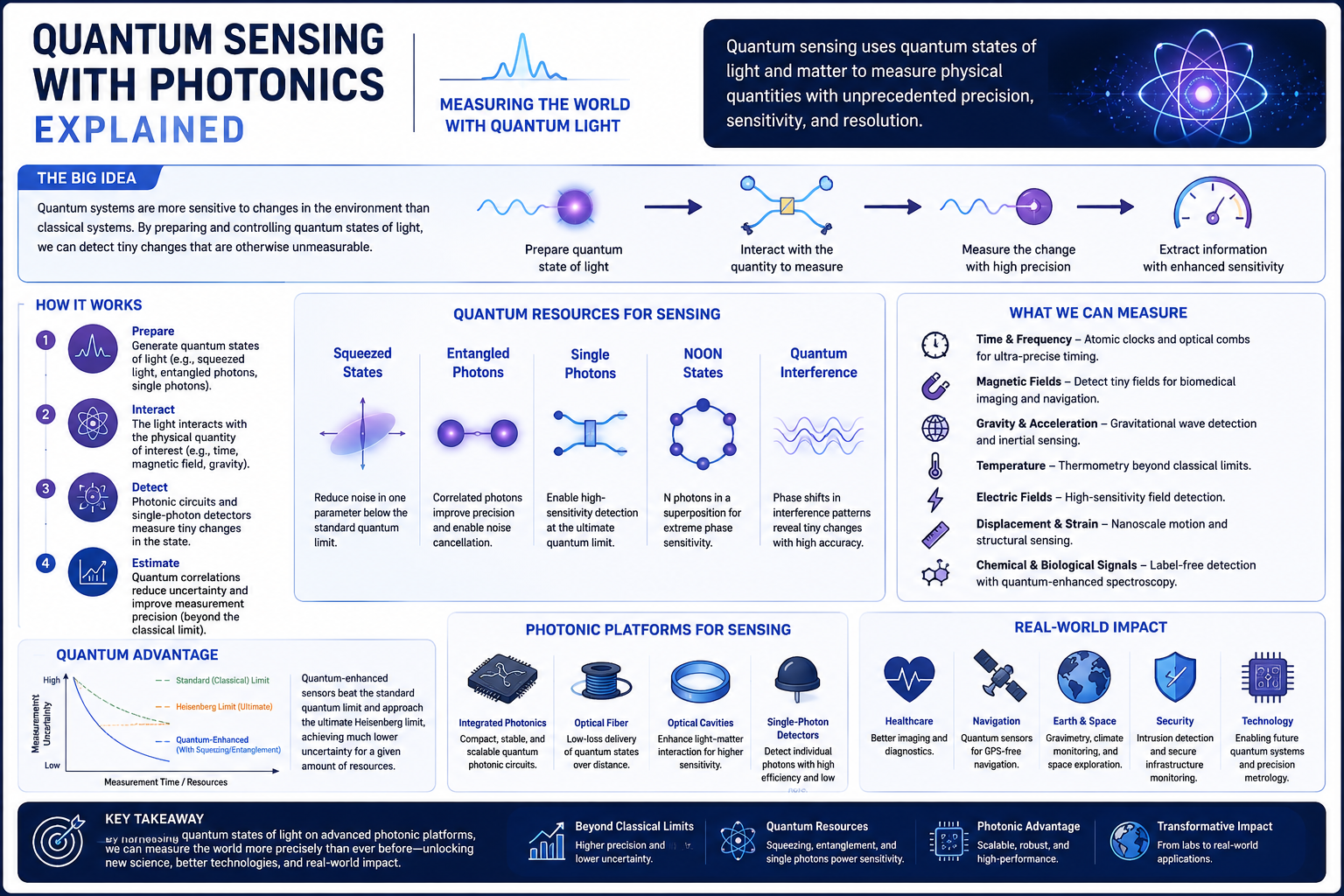 Quantum Sensing with Photonics infographic explaining quantum measurement principles, photonic tools, sensor families, integrated sensors, applications, limits, and engineering challenges