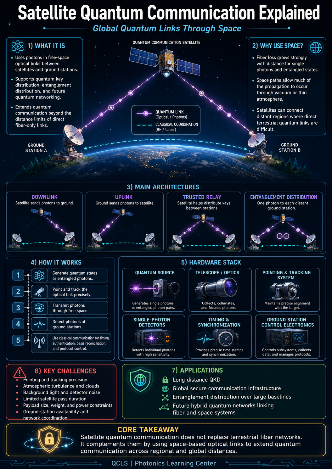 Satellite Quantum Communication infographic explaining the role of satellites in quantum networking, space QKD, entanglement distribution, hardware, architectures, challenges, and applications