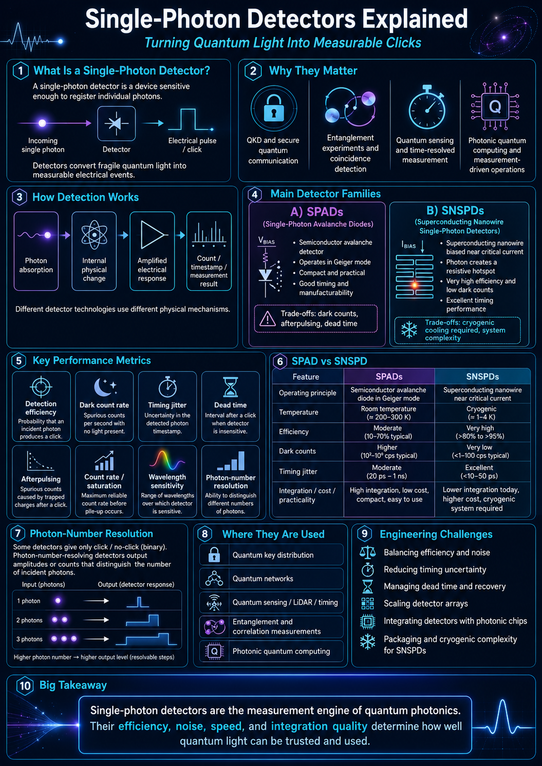 Single-Photon Detectors infographic explaining quantum light detection, SPADs, SNSPDs, detection metrics, photon-number resolution, applications, and engineering challenges