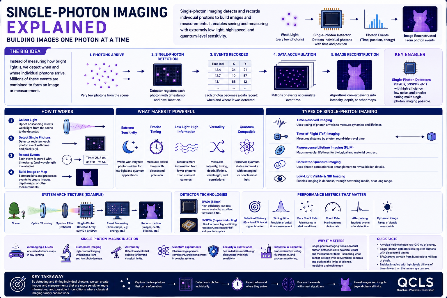 Single-Photon Imaging infographic explaining photon counting, SPAD arrays, timing, LiDAR, biophotonics, quantum imaging, and engineering challenges