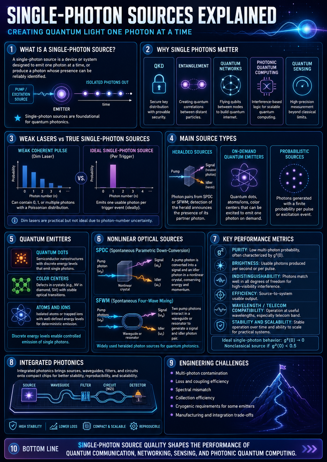 Single-Photon Sources infographic explaining quantum light generation, weak lasers versus true single-photon sources, heralded and on-demand sources, nonlinear optics, quantum emitters, and source-performance metrics
