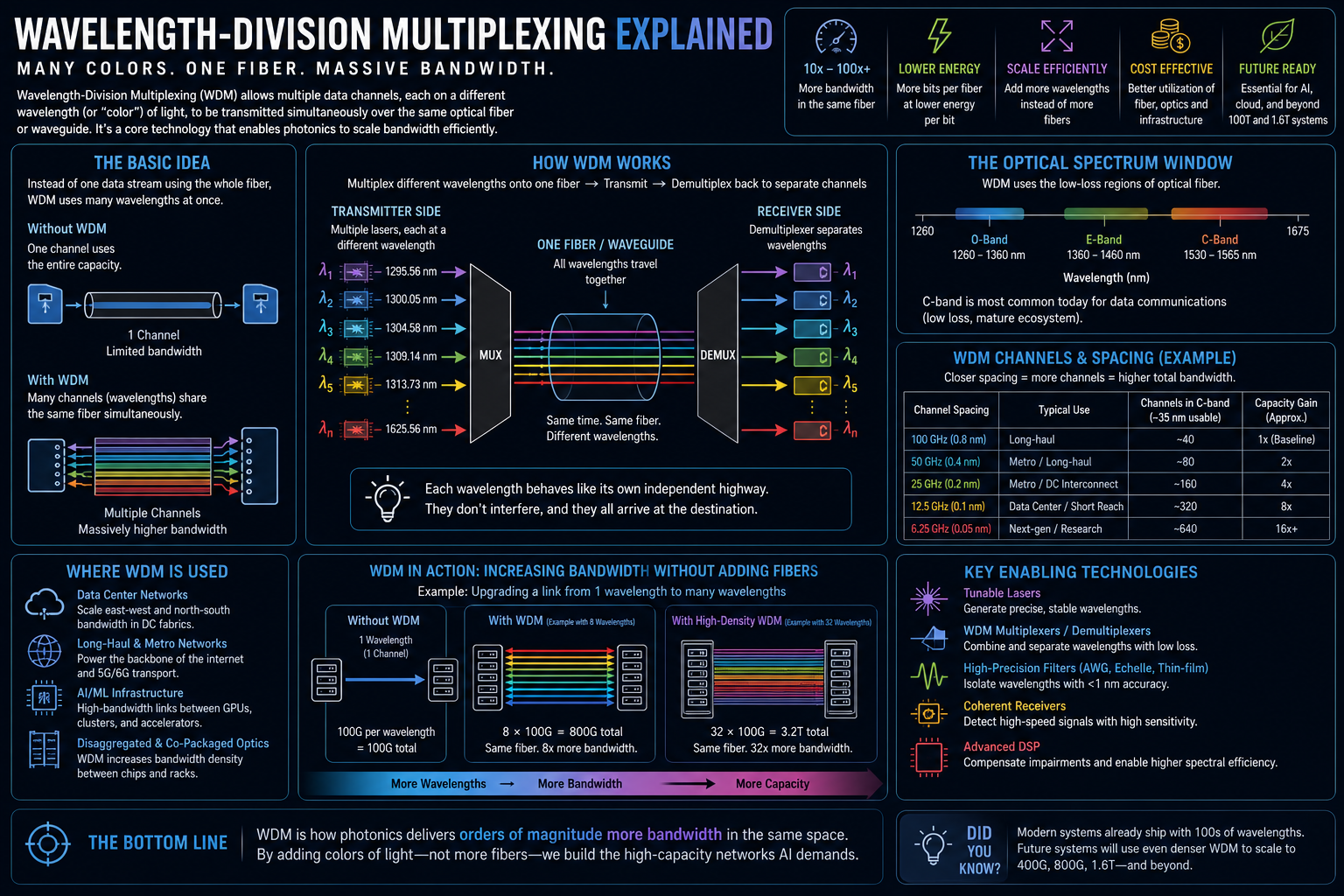 Wavelength-Division Multiplexing infographic explaining WDM, CWDM, DWDM, multiple light wavelengths in one fiber, multiplexers, demultiplexers, and bandwidth scaling